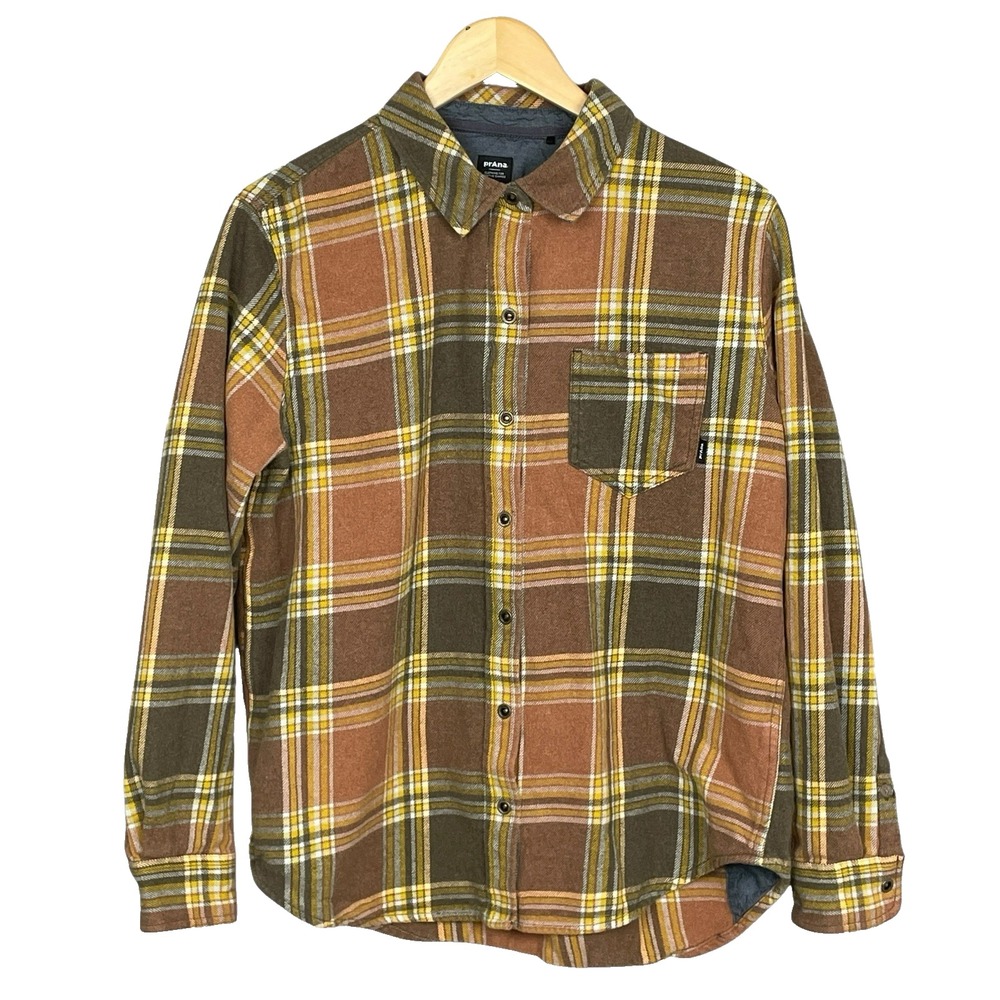 prAna Womens Earthy Plaid Flannel Button Up Shirt Size L Outdoor Fall Gorpcore